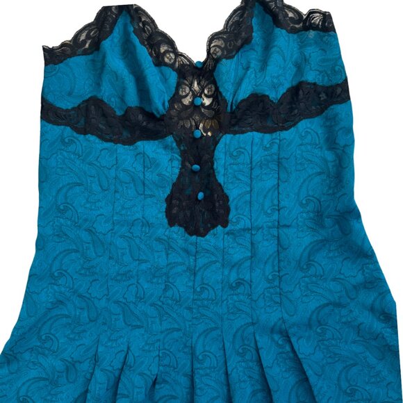 Victoria's Secret Gold Label Teal Paisley Black Lace Slip Chemise Medium Vintage - Picture 6 of 6